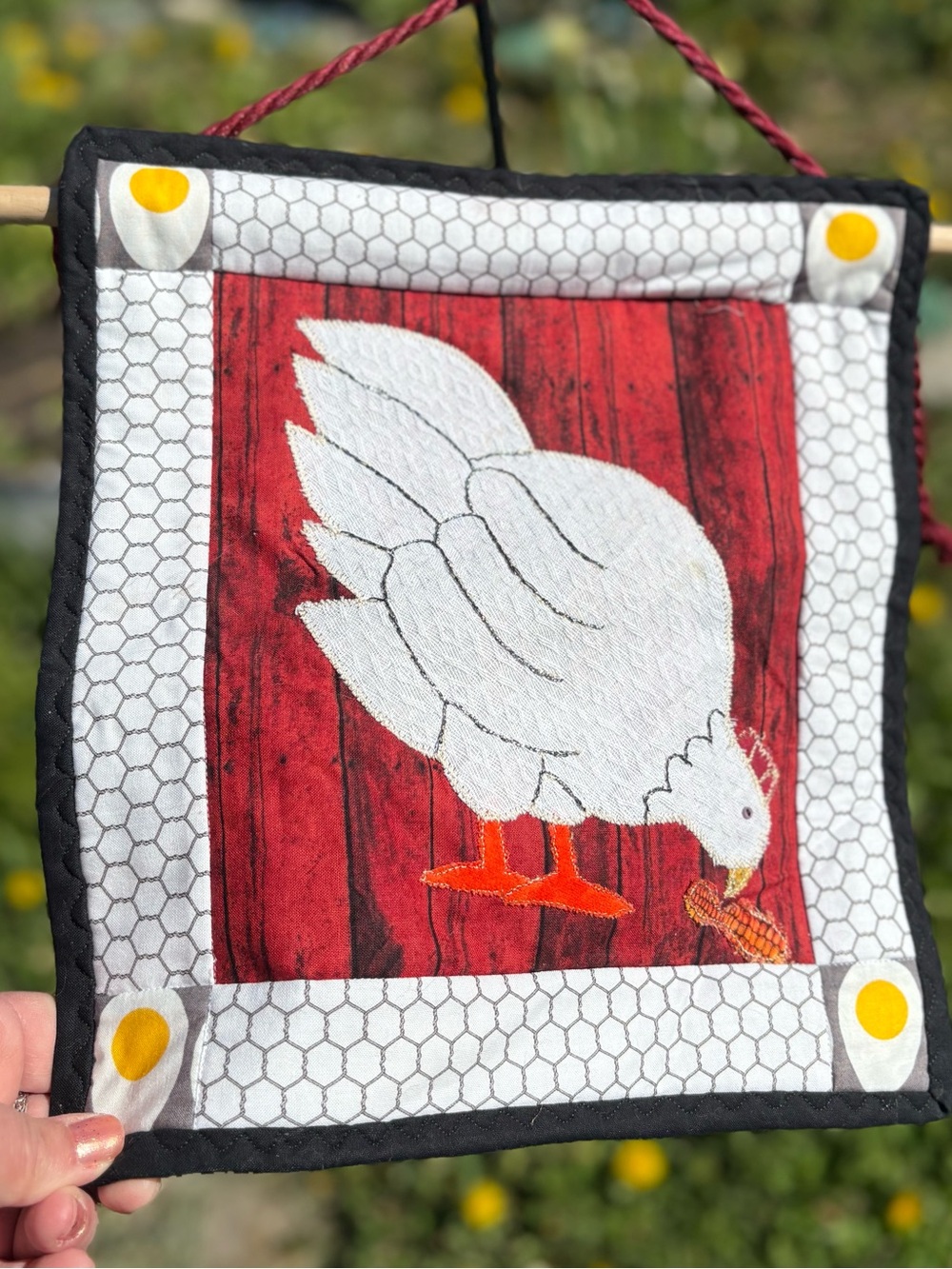 White Chicken Fiber Art Wall Hanging – Farmhouse Kitchen Accent